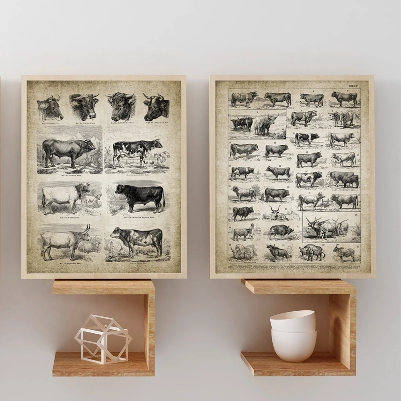 Картина на холсте Ферма с изображением старинных пород коровы винтажная