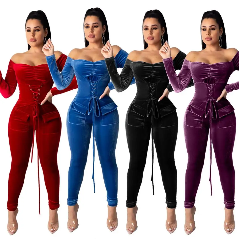 

BKLD Jumpsuit Women Off Shoulder Bodycon Long Sleeve Clubwear Romper Jumpsuit Sexy 2019 Autumn Female Velvet Lace Up Playsuit