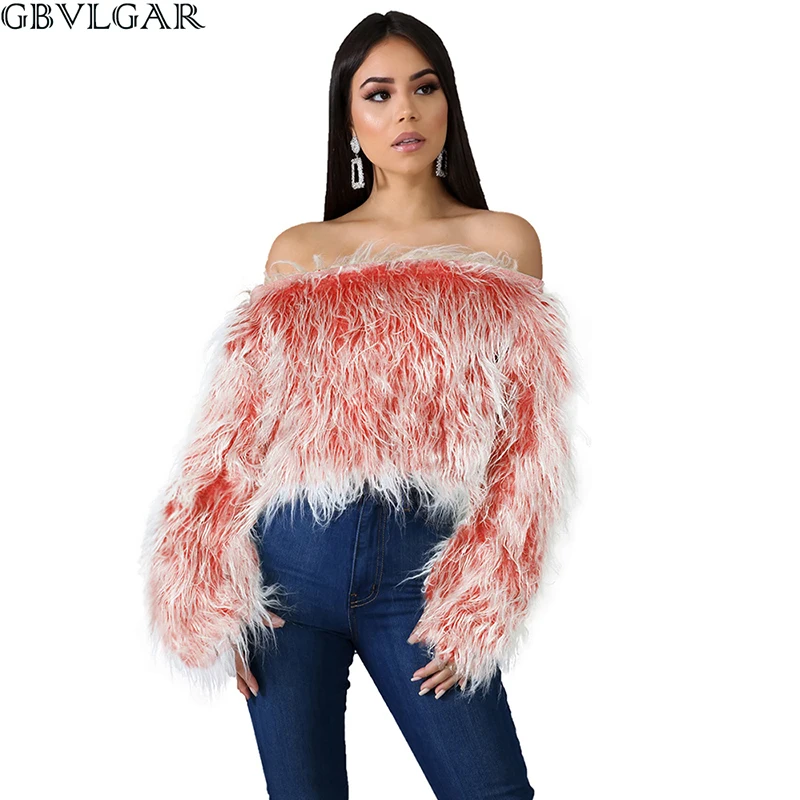 

GBVLGAR сексуальный короткий пуловер из искусственного меха с длинным рукавом Женский Повседневный пушистый укороченный свитер Топ градиентн...