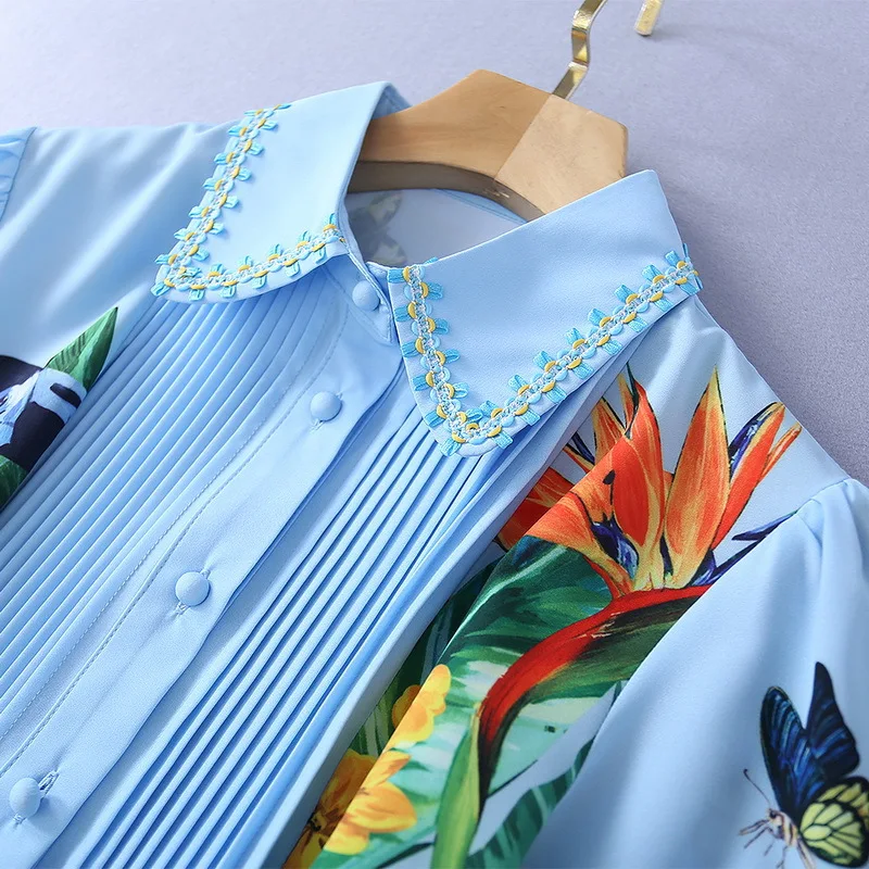 

European and American women's clothing new 2021 spring Long sleeved butterfly parrot print Fashion blue dress