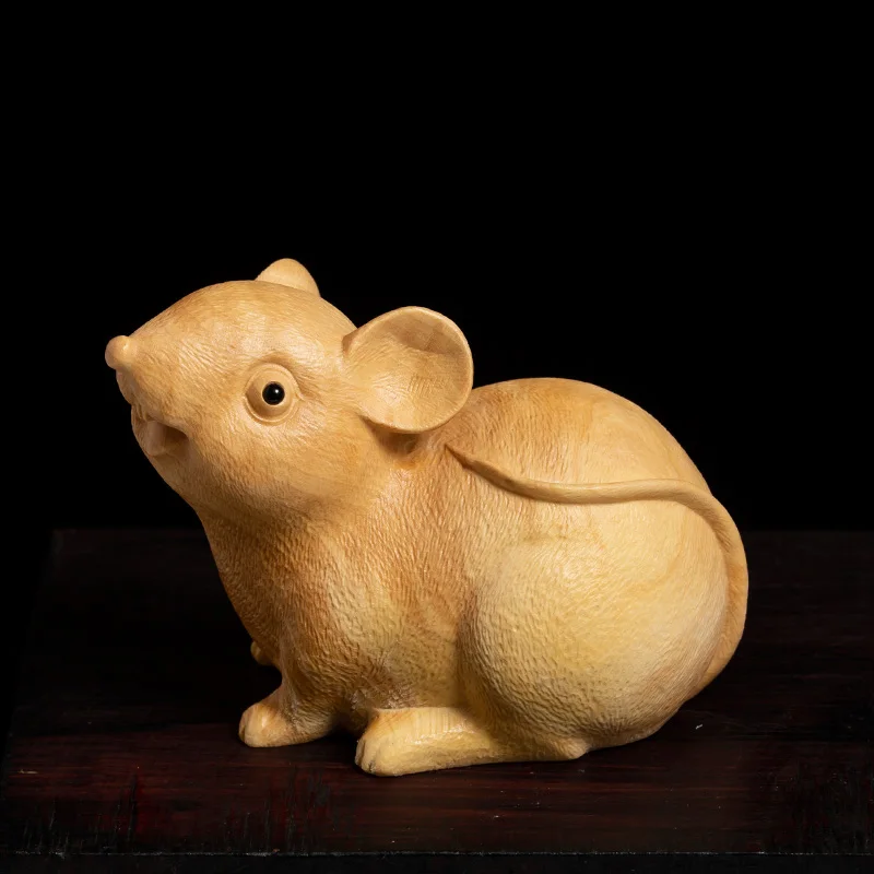 

Boxwood Statue Zodiac Rat Lucky Feng Shui Living Room Decorative Wood Carving Crafts Mouse Animal Sculpture Home Decor