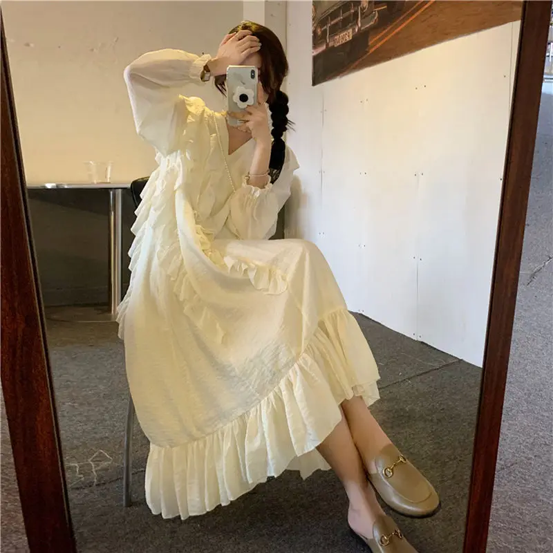 

Korean Fashion Elegant One-piece Dress Women France Vintage Evening Party Midi Dresses Long Sleeve Chic Dress Autumn Winter 2022