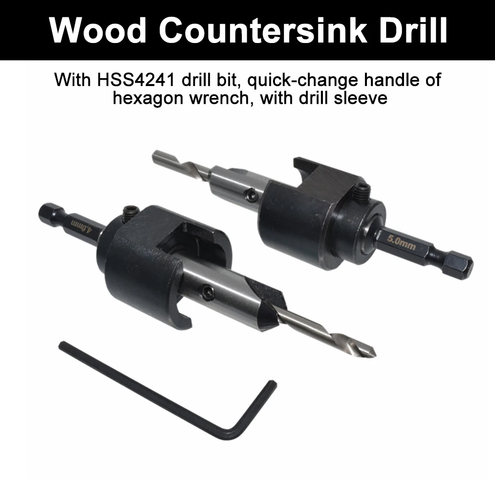 

2pcs With Wrench Accessories Rustproof Wood Countersink Drill Easy Use Carbon Steel Durable Woodworking Adjustable Tool Portable