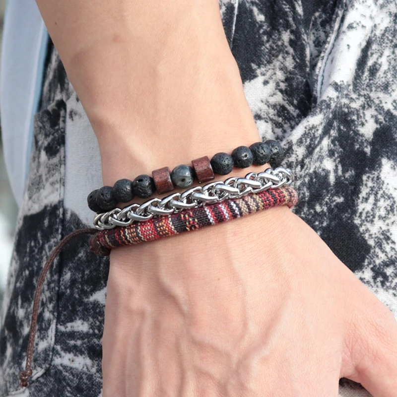 Мужской браслет из лавы минималистичный плетеный нержавеющей стали в стиле бохо
