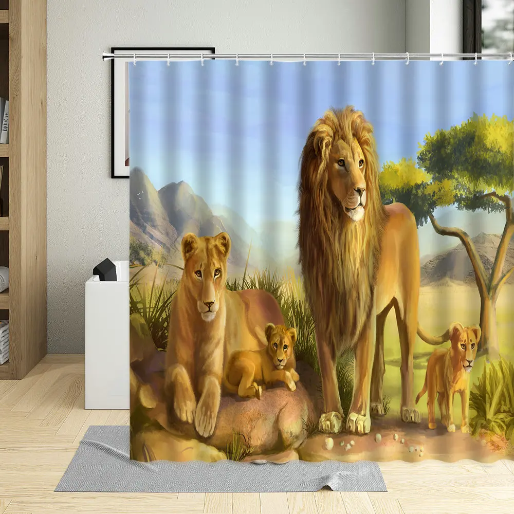 

Wild Animals Lion Shower Curtain Grassland Tiger Leopard Squirrel Pattern Home Bathroom With Hook Washable Decoration Fabric