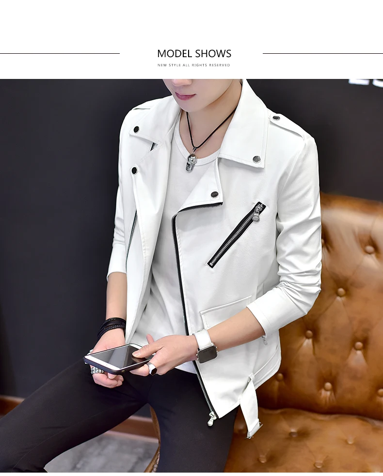 

2021 men's casual autumn slim handsome leather jacket with diagonal zipper youth trend lapel rivet motorcycle PU leather jacket
