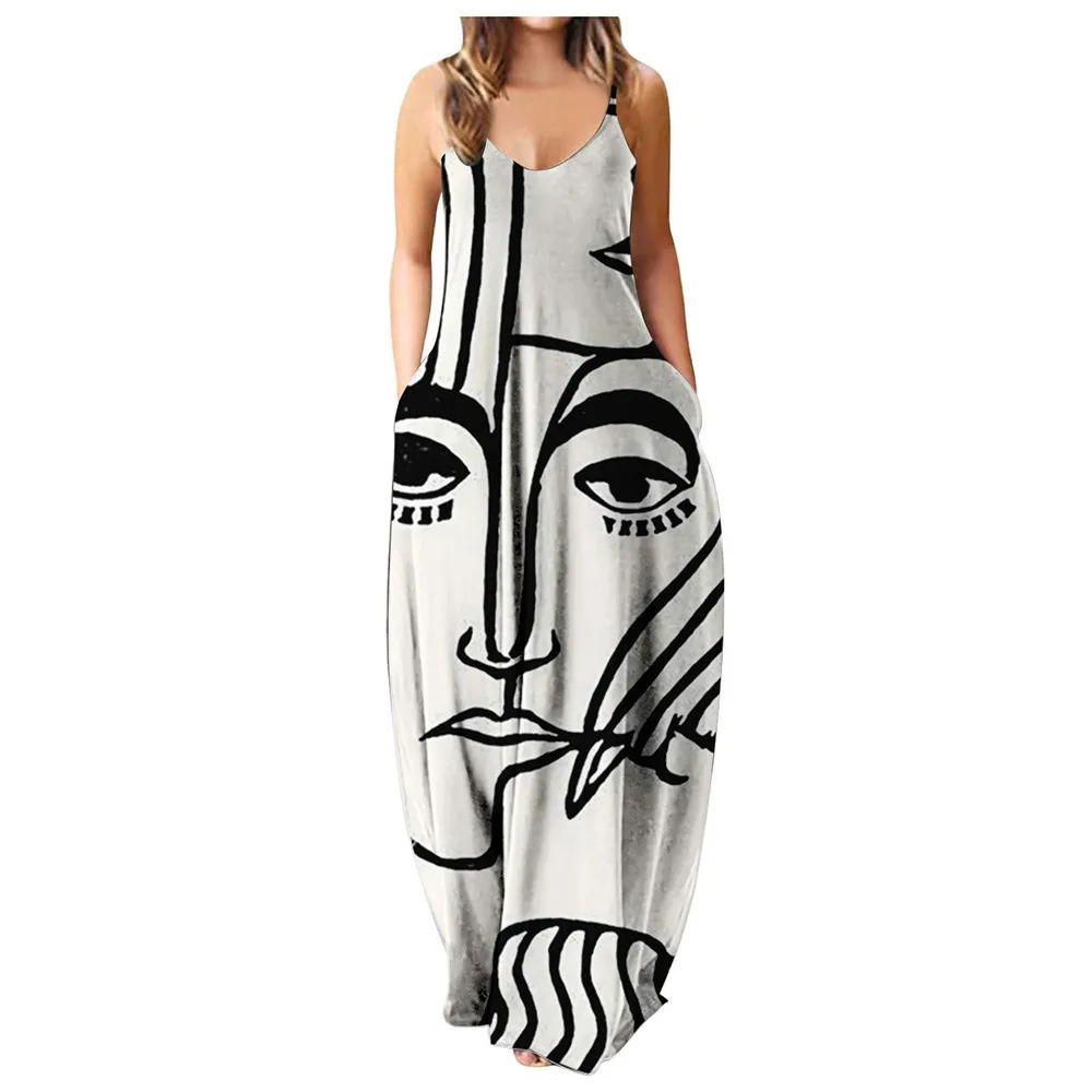 

Women's Dress 2021 Summer High Waist Abstract Oil Painting Suspender Slim Dress Sexy Loose Big Swing Pullover Maxi Dresses Femme