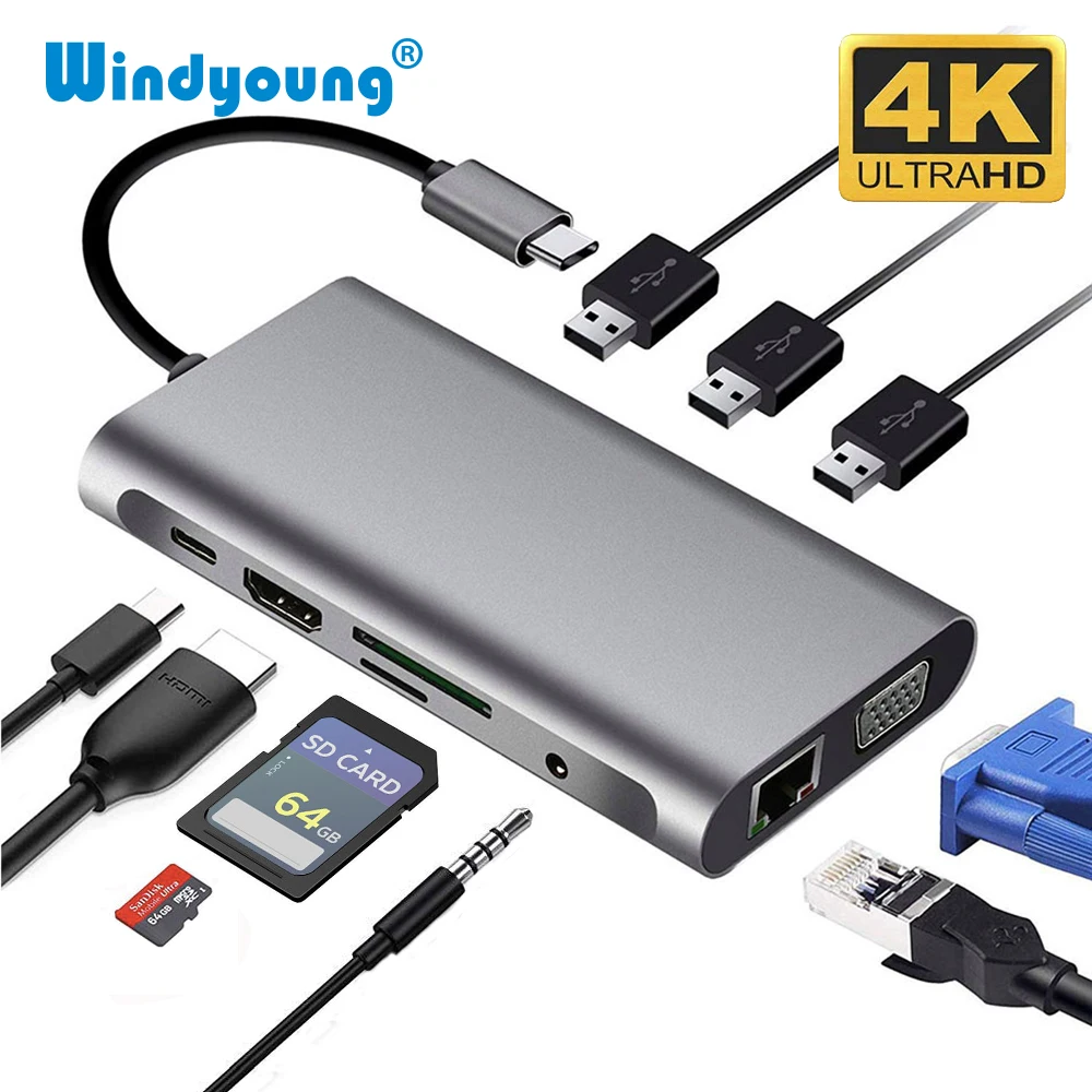 USB концентратор 10 в 1 Thunderbolt 3 0 порт 4K HDMI 1080P VGA RJ45 Gigabit Ethernet для Macbook Pro|USB-хабы| |