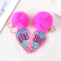 1 pairlot bff style keychain lovers besties keyring with puffer ball pompom hollow out acrylic best friends handbag charms