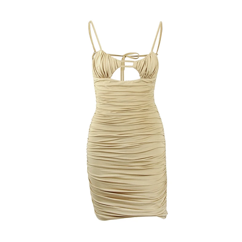 

Summer Sexy Women Solid Spaghetti Strap Strap Pleated Hollow Out Backless Sleeveless Night Club Party Female Red Bodycon Dress