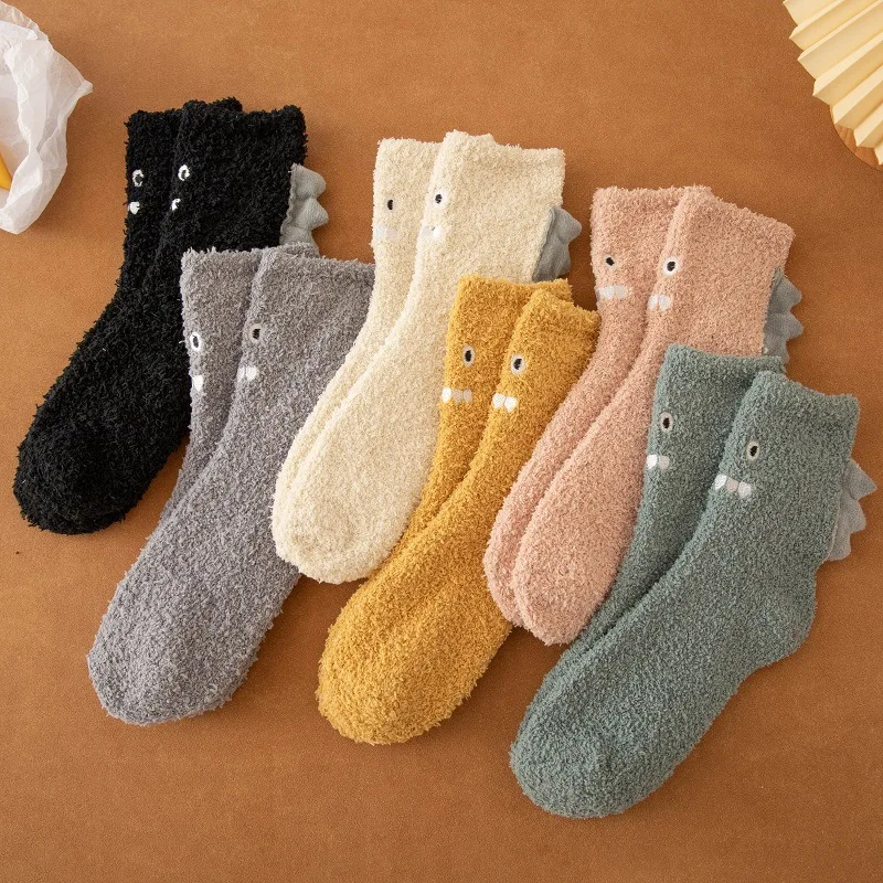 

2022 High Quality Personality Dinosaur Coral Fleece Socks Middle Tube Floor Socks Warm Comfortable Half Fleece Socks Sleep Socks