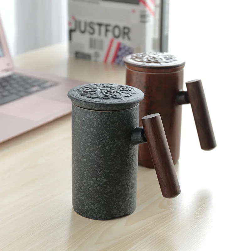 

Retro Japanese ceramic mug office tea cup with cover filter liner coarse ceramic wooden handle Mug coffee cups Drinkware