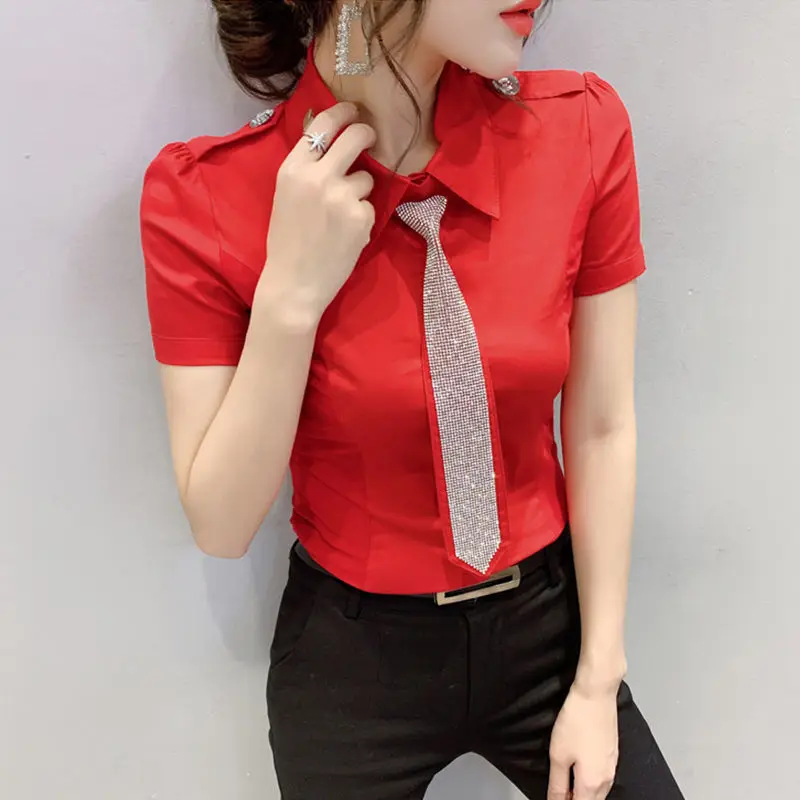 

Summer new short sleeve shirt with drill for women's net red fashion thin mesh splicing cotton white shirt