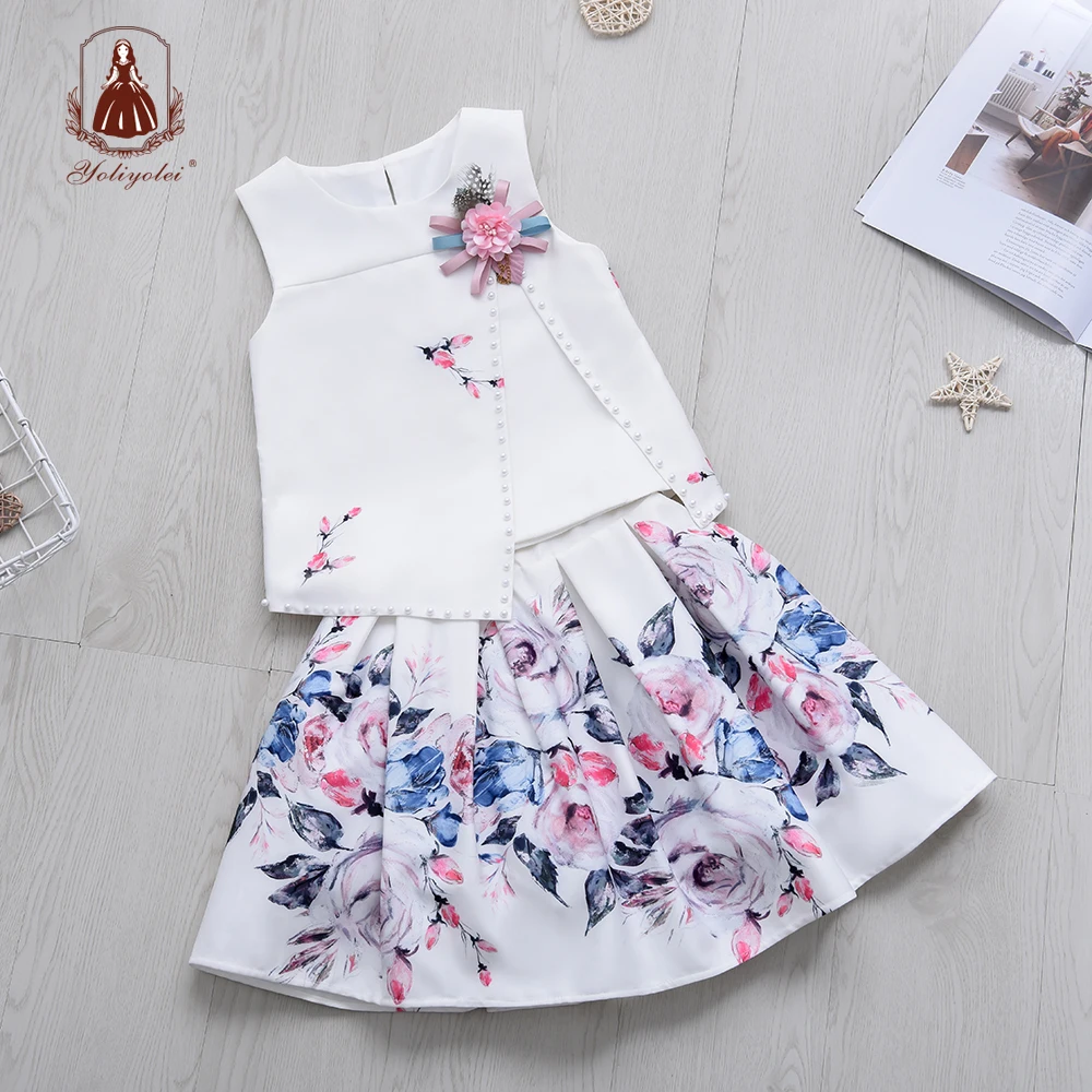 Yoliyolei 2pcs Fashion Beading Children Clothes Girl Printed Kids Suit A-Line Skirts Outfits 4-10Y Sleeveless Tops Clothing sets