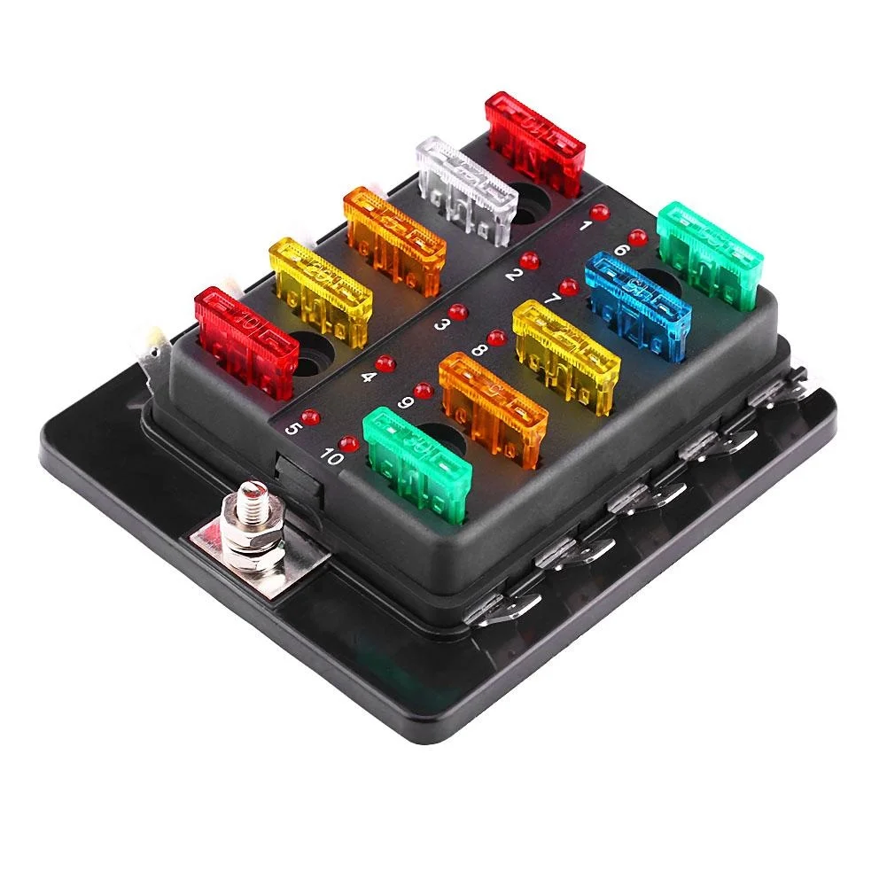 

10 Way Circuit Blade Fuse Box Block Holder With LED Warning Light Kit For Car Van Boat Marine Accessories