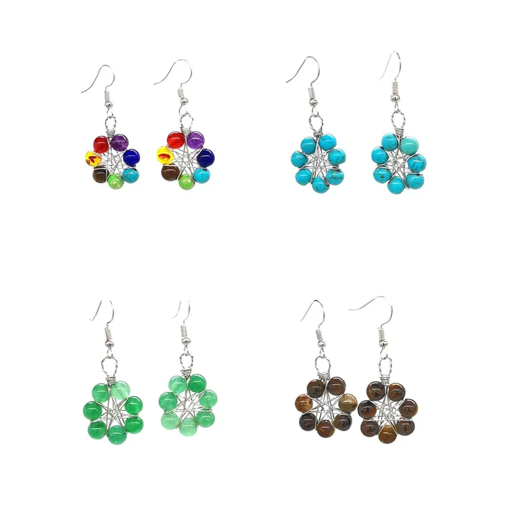 

1 Pair Natural Stone Round Bead Earrings Crystal Agate Color 7 Chakras Manual Winding Earrings Simple DIY Accessories Gift 30mm