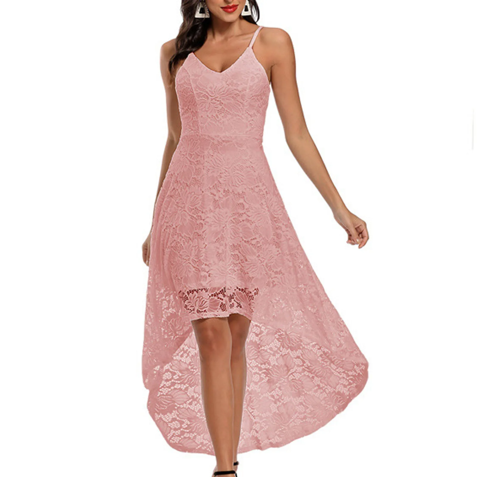 

Vintage Spaghetti Strap Dress Casual Sexy High Low Lace Princess Swing Dress Clubwear Ladies Women Evening Party Dress Vestidos