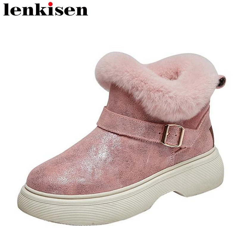 

Зимние ботинки Lenkisen из коровьей замши, шерстяные ботинки с круглым носком и пряжкой на ремешке, на толстой средней подошве, зимние милые Бле...