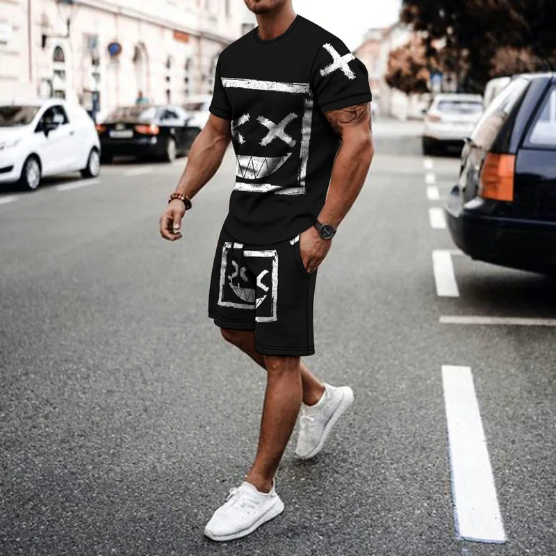 

2021 Summer New Smiley X X 3D Print Men's Suit Fashion Hip Hop Harajuku Streetwear T-shirt + Shorts 2-Piece Set S-6XL