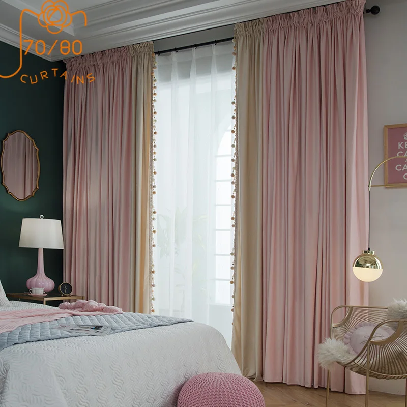 

French Pink Princess Wind Velvet Lace Stitching Blackout Curtains for Living Room Bedroom Finished Custom Floor Curtain