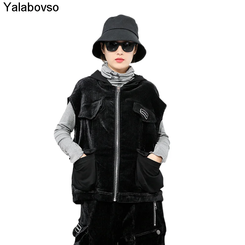 

2020 Winter New Zipper Stitching Warm Thick Hooded Streetwear Vest Solid Color With Hat For Women