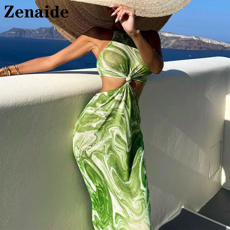 

Женское облегающее пляжное платье миди Zenaide, ажурное платье с лямкой на шее и принтом в виде краски, летнее сексуальное платье для вечеринки,...
