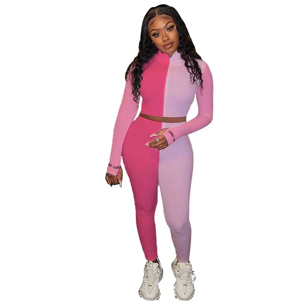 Women Tracksuit Ribbed Two Pieces Set Long Sleeve Top Pants 2 Pieces Set Ribbed Sports Suit Raised Line Patten Outdoor Wear