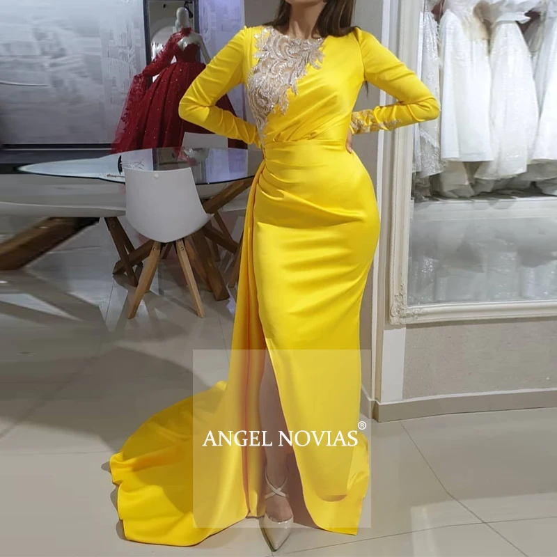 

Angel Novias Long Sleeves Mermaid Yellow Arabic Abendkleider Evening Dress 2020 with Slit Party Dress Vestidos De Noche