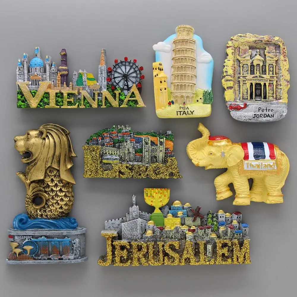 Jerusalem Souvenirs Lisbon Portugal home decoration fridge magnets Vienna pisa Italy Thailand elephant Singapore Merlion  Jordan