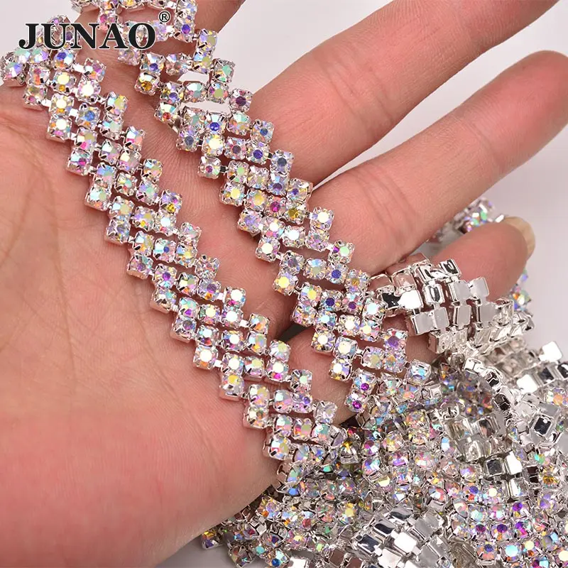 Crystal AB JUNAO SS16 блестящая швейная AB лента со стразами, стеклянные стразы, цепочка с отделкой из серебристого металла, цепочка с кристаллами, аппликация для одежды - Цвет: Crystal AB
