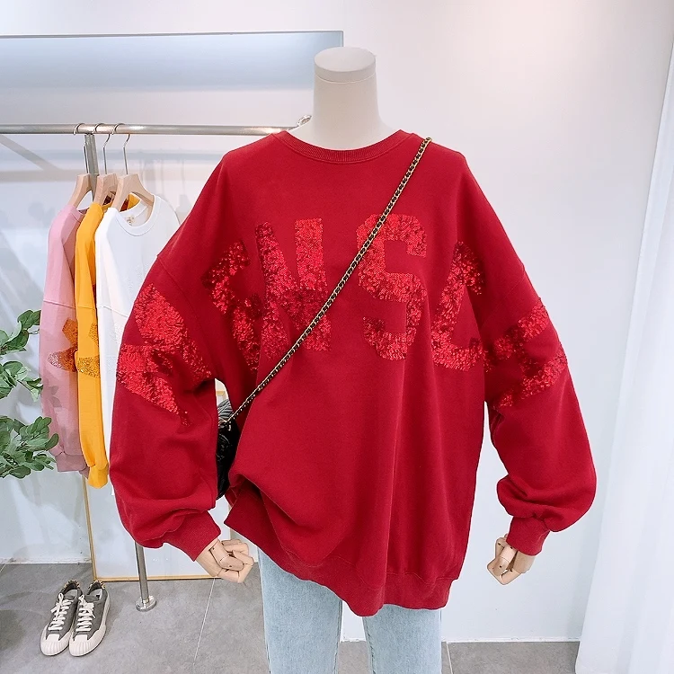 2020 Spring and Autumn New Oversized Hoodie Coat Korean Casual Sequined Letters Lazy Wind Loose Pullover Hoody Women Sweatshirt | Женская