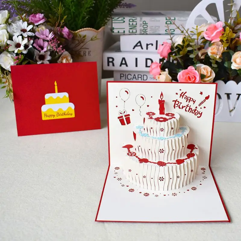 3D Happy Birthday Greeting Cards with Paper Cake Postcards Invitations Envelope Party Anniversary Supply | Дом и сад