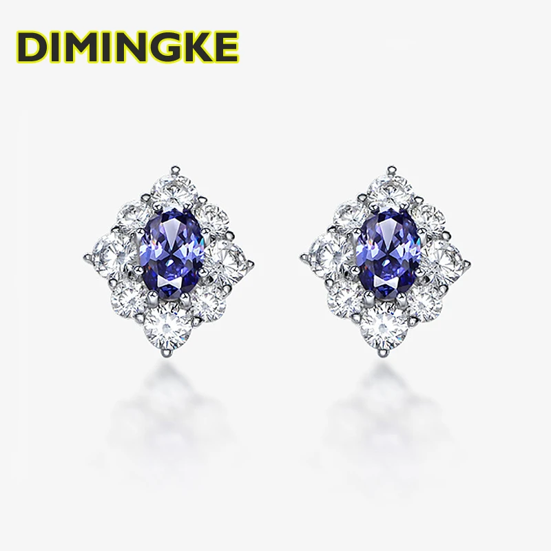 

DIMINGKE Natural 6*9 Sapphire Sparkling Stud Earrings 100% S925 Sterling Silver Jewelry Party Women Birthday Commemorative Gift
