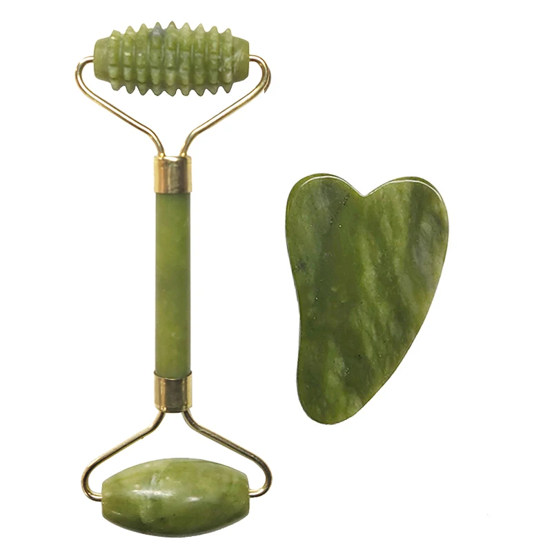 

Massage Roller Guasha Board Set Green Natural Jade Facial Massager Face Skin Care Tools Beauty Lifting Slimming Scraper 2 in 1