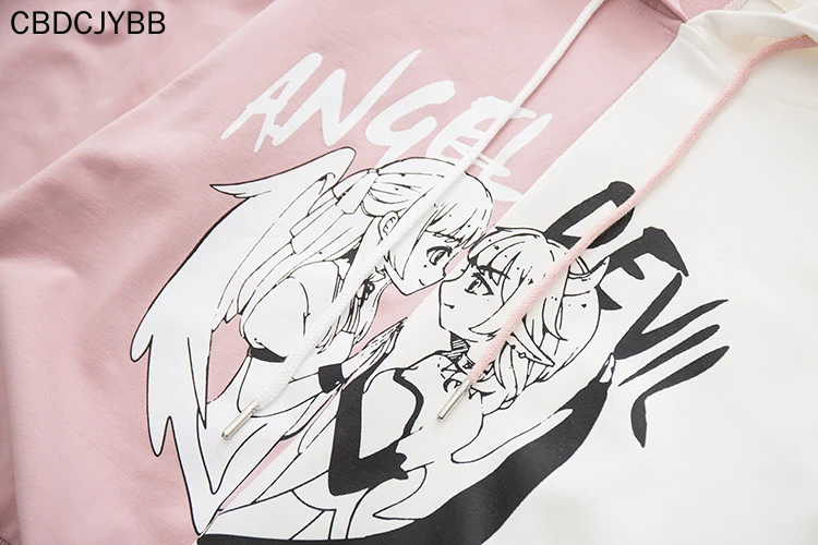 

Harajuku Gothic Kawaii Hoodies 2021 Cute Anime Comic Angel Devil Pullover Mori Girl Lovely Graphic Street Black Pink Sweatshirt