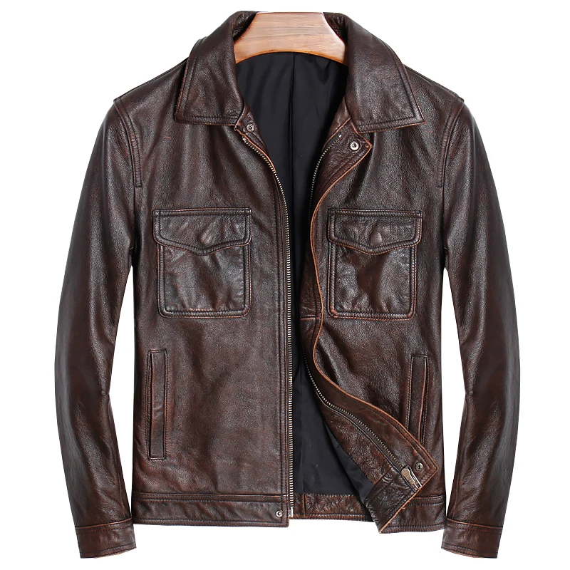 

Factory 2020 New Men Brown Fashion Motorcycle Cow Leather Jacket 100% Real Cowhiede Slim fit Jackets Small Size M-4XL