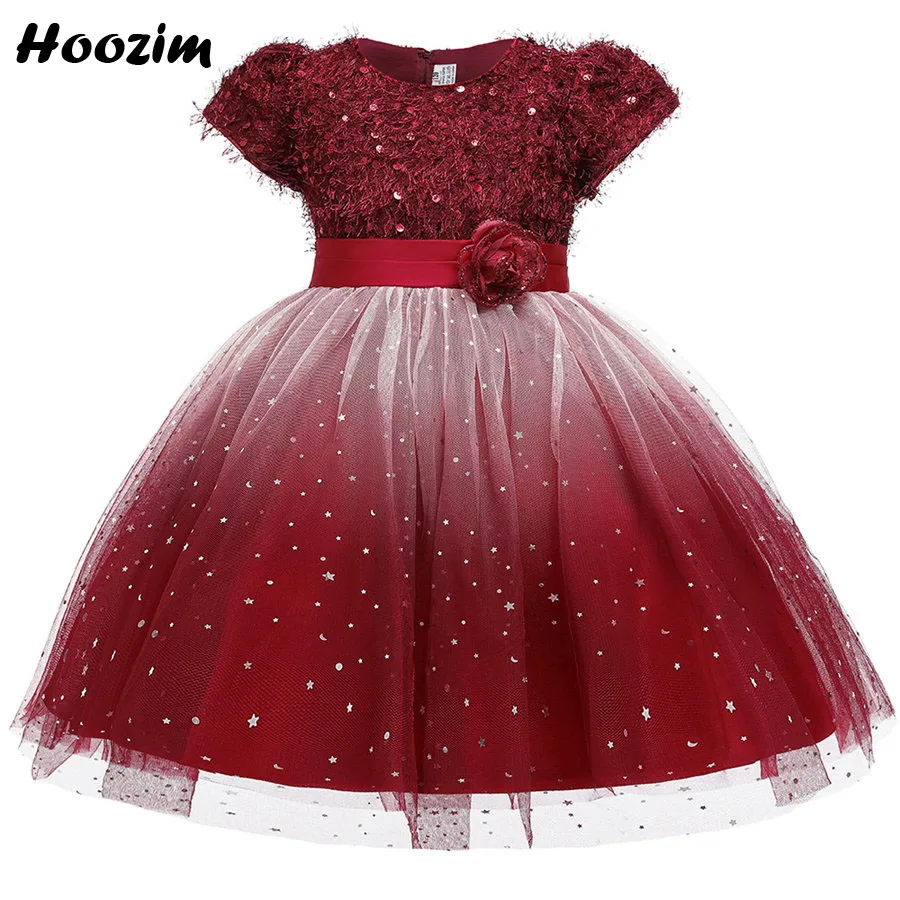 

Luxury Palace Princess Prom And Evening Dress Girls 3-9 Years Burgunday Fringe Shine Sequin Puff Sleeve Graduation Dresses Kids