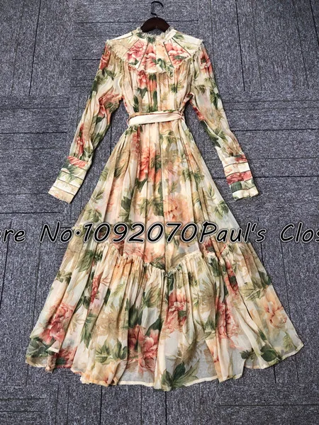 floral print Женское античное платье из ткани жоржет с цветочным принтом и бусинами с шарфом на талии - Цвет: floral print