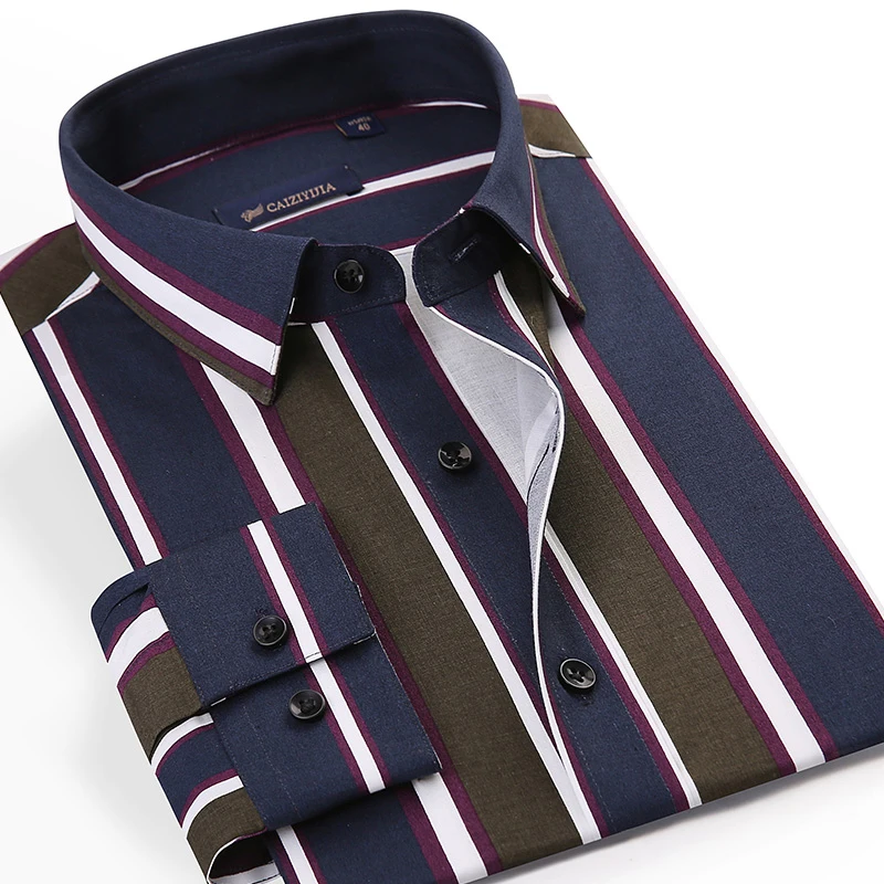 

Men's England Style Long Sleeve Bold Striped Shirts Pocket-less Design Casual Standard-fit Button-up Beach Tops Shirt