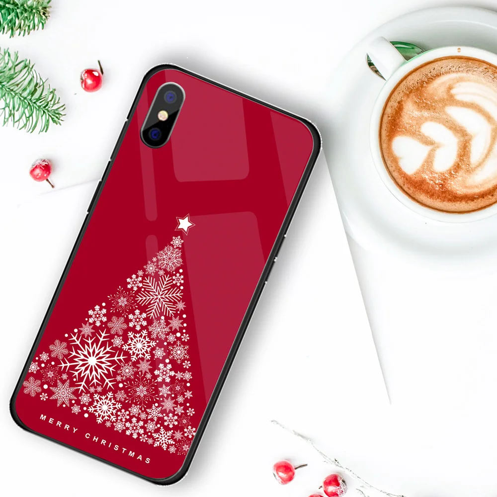Роскошный Рождественский чехол для iPhone X XS XR XSMAX, жесткий стеклянный чехол Чехол для iPhone 5 5S SE 6 6S 7 8, новогодний подарок, Conque