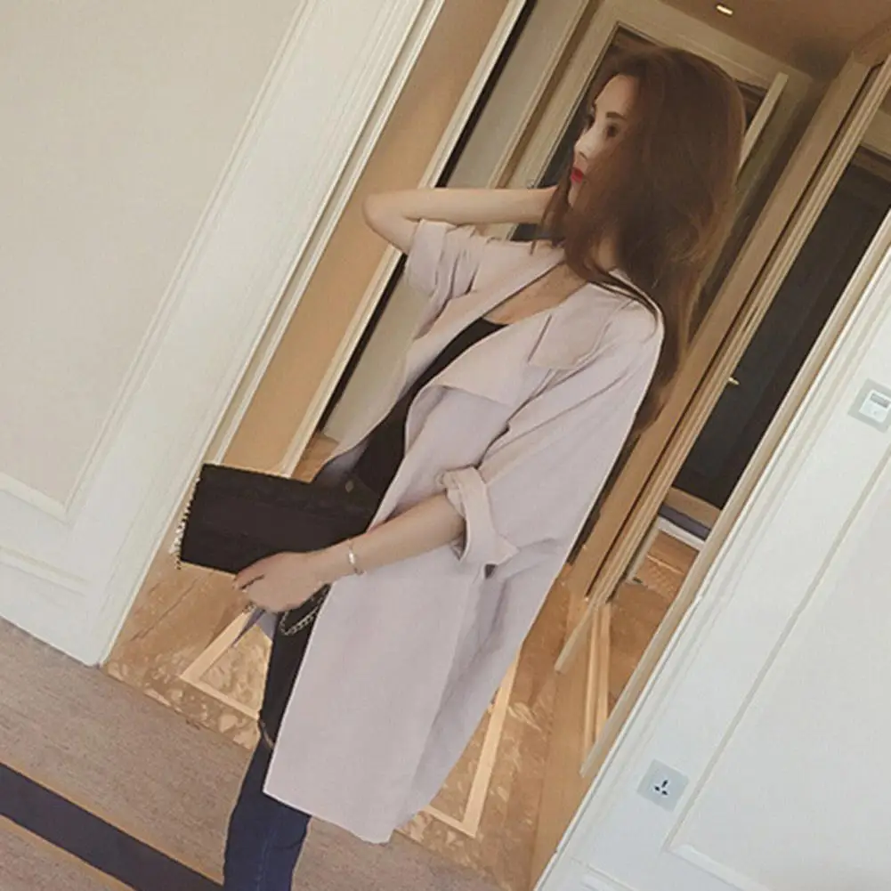 

Spring Autumn Women Coats Loose Solid Color Large Lapel Three-quarter Sleeve Trench Coat Cardigan Casual Open Stitch Plus Size