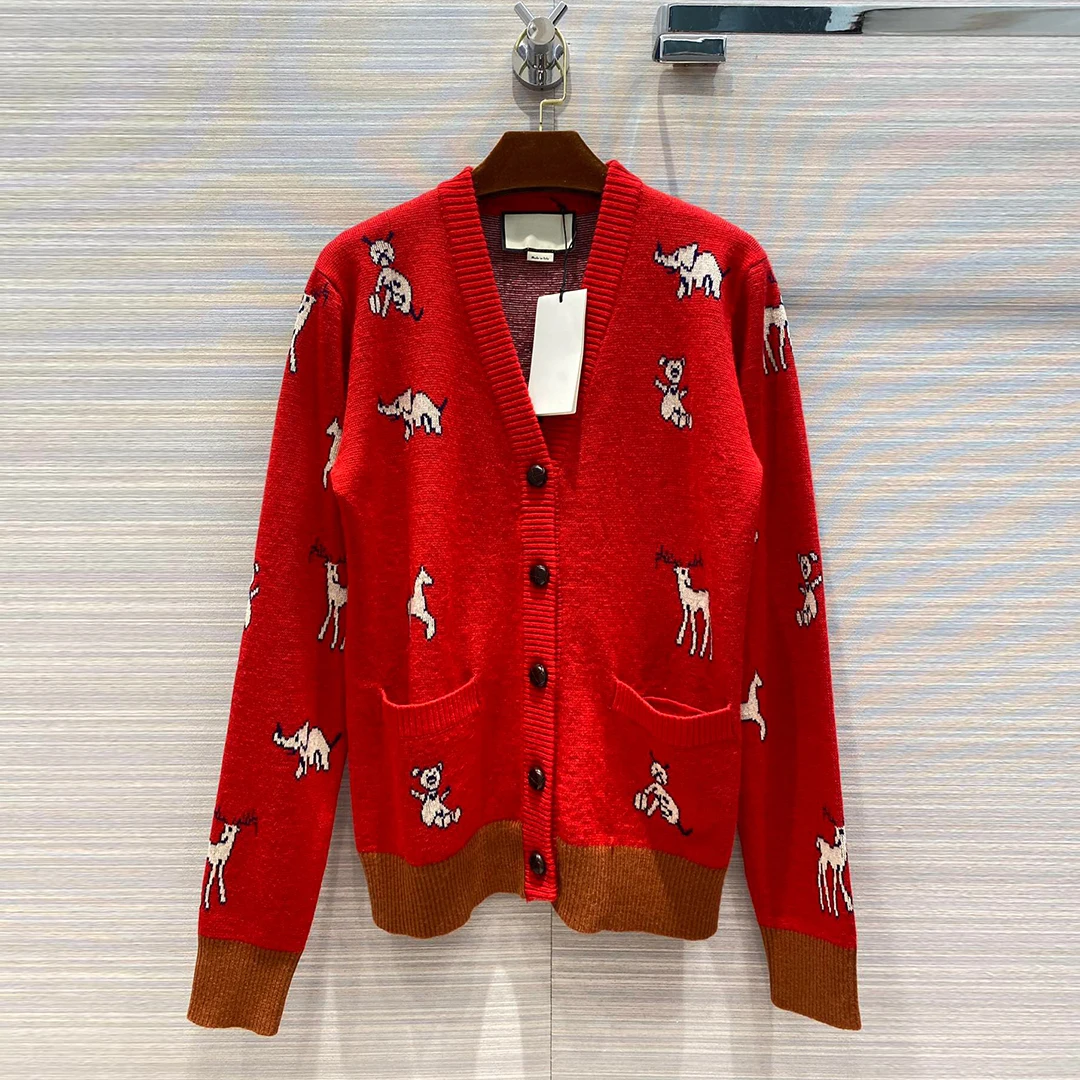 

high-end autumn winter 50% wool cardigans women knit sweater fashion red color cute cartoon Jacquard V-neck single breasted coat