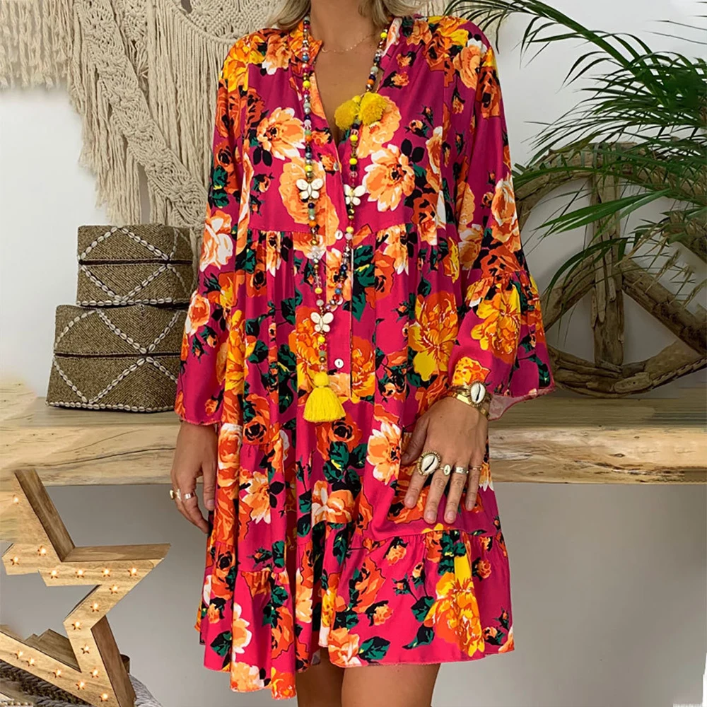 Fashion Summer Women Boho Floral Long Sleeve Dress Holiday Beach Shirt Ladies Print Mini Plus Size | Женская одежда