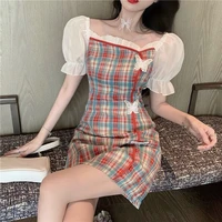 puff sleeve plaid dress with butterfly decoration summer women short sleeve cottagecore dress slim waist chi pao style clothing