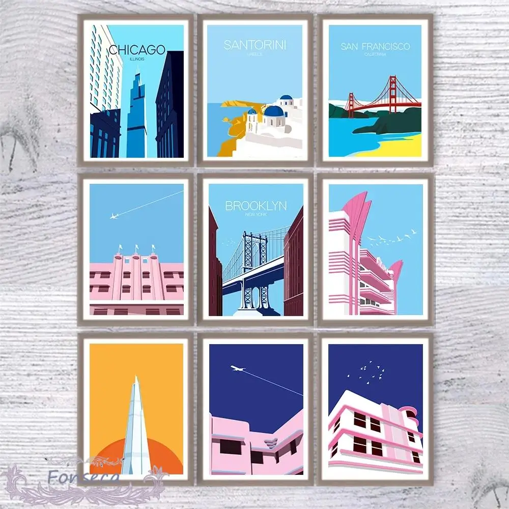 Винтажный постер для путешествий с городским пейзажем, Настенная картина на холсте, Санторини, Сан-Франциско, Чикаго, Майами, бруклиновые картины