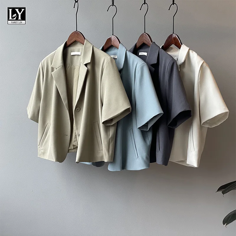 

LY VAREY LIN New Summer Office Lady Fashion Notched Solid Color Short Coats Women Casual Single Breasted Short Sleeve Blazers