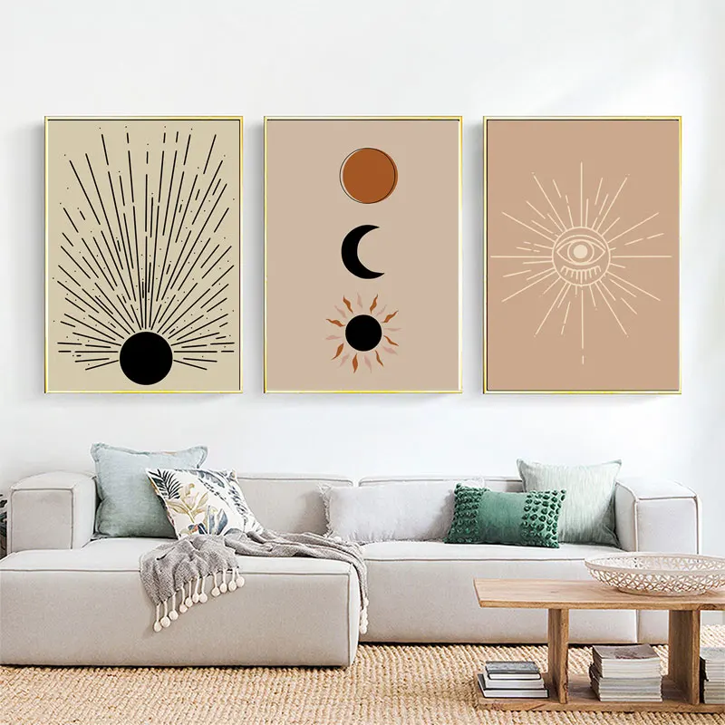 

Boho Abstract Canvas Painting Pictures Sun Moon Poster Print Nordic Decoration Wall Line Art for Scandinavian Living Room Decor