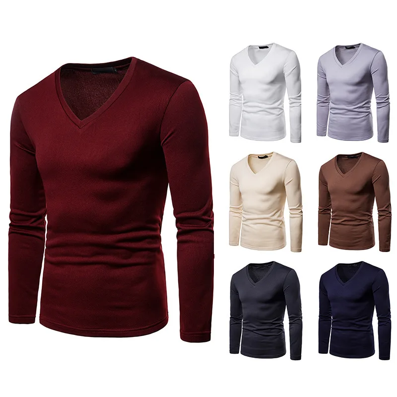 

Oversized Men's Fleece Warm Design Long Sleeves Autumn and Winter V-neck T-shirt Bottoming Shirt Men's Streetwear Men Clothing
