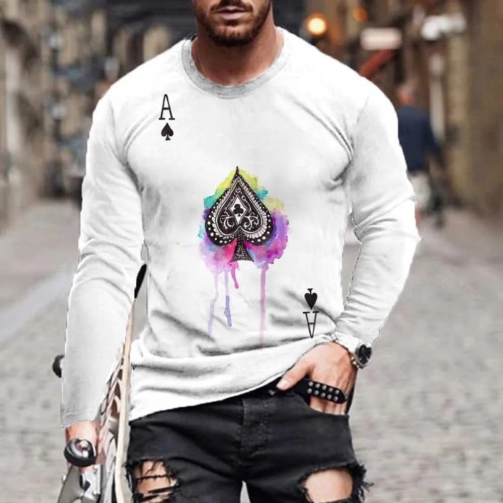 

2021 New Fashion Men Playing Card Printing Tops Hip-hop Round Neck Pullover Sweater Autumn Mans Long Sleeve Casual T-Shirt Male