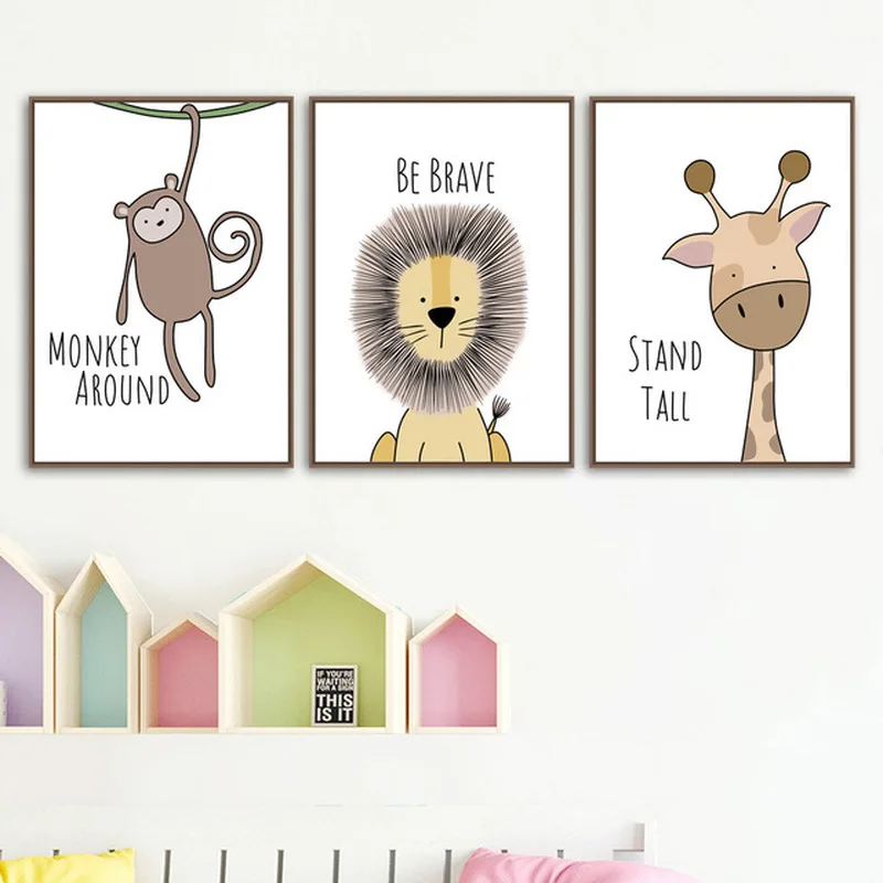 Cute Cartoon Animal Monkeys Lions Hippos Picture Decoration Painting Children's Room Kindergarten Unframed Core | Дом и сад